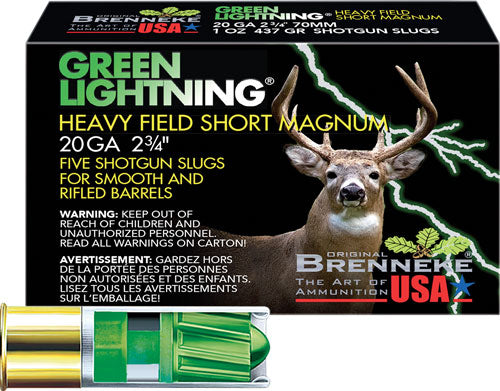 Brenneke 20 Gauge SL-202HFSGL Green Lightning Heavy Field Short Magnum 2.75" 1oz Slug