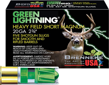 Brenneke 20 Gauge SL-202HFSGL Green Lightning Heavy Field Short Magnum 2.75" 1oz Slug