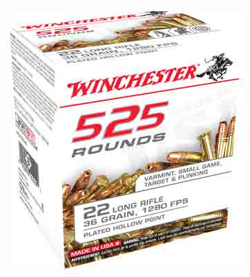 Winchester .22 Long Rifle Rimefire Ammo USA 525 Copper Plated Hollow Point JHP 36 grain 