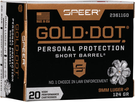 Speer 9mm Luger/Parabellum 23611GD Gold Dot +P Personal Protection Short Barrel Hollow Point HP 124 Grain