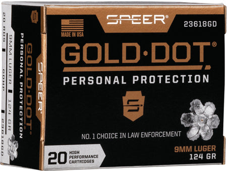 Speer 9mm Luger/Parabellum 23618GD Gold Dot Personal Protection Hollow Point HP 124 Grain