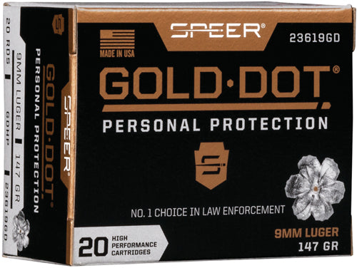 Speer 9mm Luger/Parabellum 23619GD Gold Dot Personal Protection Hollow Point HP 147 Grain