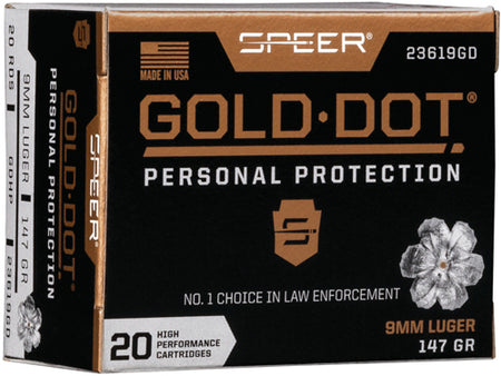 Speer 9mm Luger/Parabellum 23619GD Gold Dot Personal Protection Hollow Point HP 147 Grain