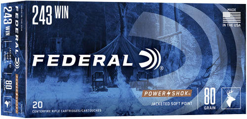 Federal .243 Winchester 243AS PowerShok Jacketed Soft Point JSP 80 Grain