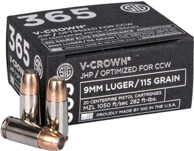 Sig Sauer 9mm Luger/Parabellum E9MMA136520 Elite Performance Low RecoilV-Crown V Crown Jacketed Hollow Point HP 115 Grain