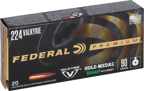 Federal .224 Valkyrie GM224VLK1 Premium Gold Medal Sierra MatchKing Boat Tail Hollow Point BTHP 90 Grain