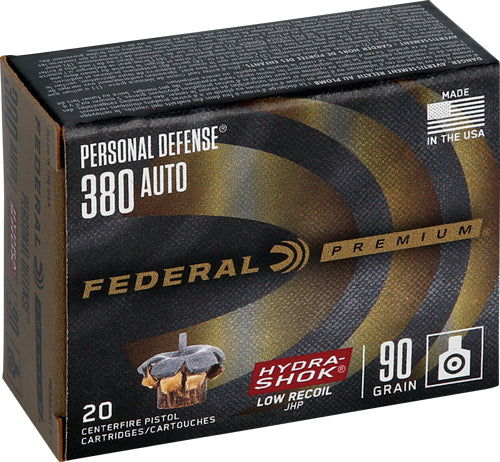 Federal .380 ACP/Auto PD380HS1H Premium Personal Defense Low Recoil Hydra-Shok Jacketed Hollow Point 90 Grain