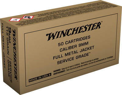 Winchester 9mm Luger / Parabellum Handgun Ammo Service Grade Full Metal Jacket FMJ 115 grain 