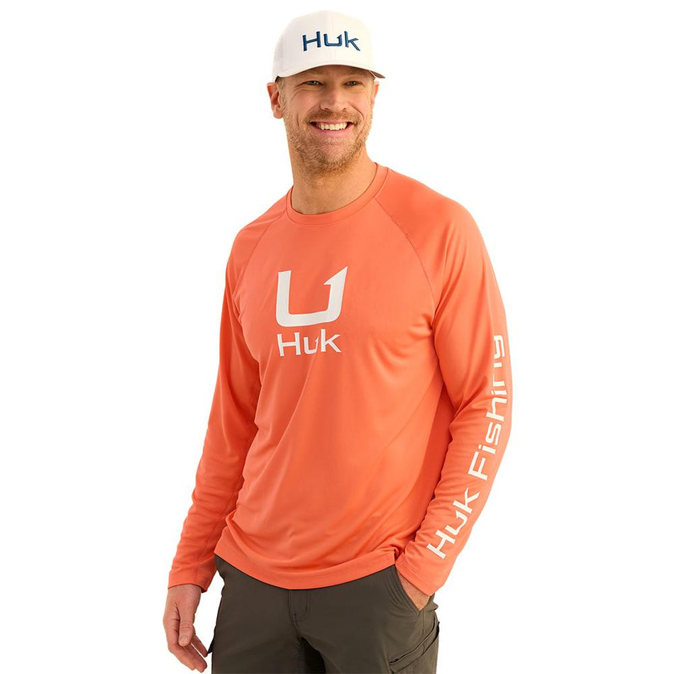 Huk Icon Long Sleeve Crew Shirt with UPF 50+ Fresh Salmon Large