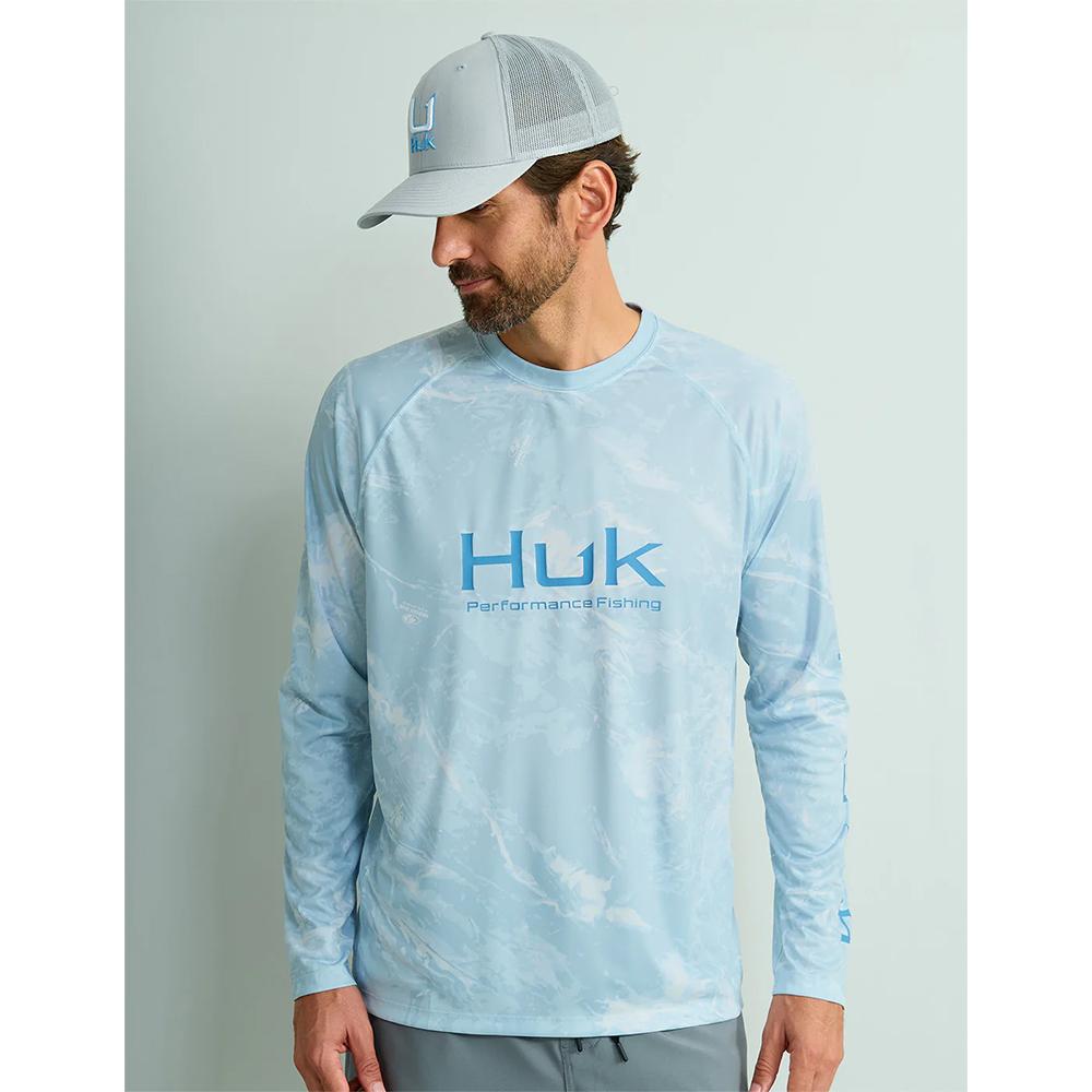 Huk Mossy Oak Pursuit Long Sleeve Crew Shirt Stormwater Bonefish L UPF 50+