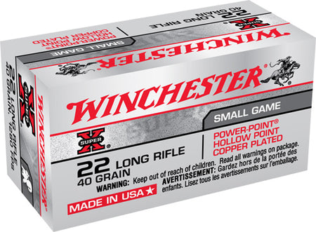 Winchester .22 Long Rifle Rimefire Ammo Super-X Power-Point Plated Hollow Point JHP 40 grain 