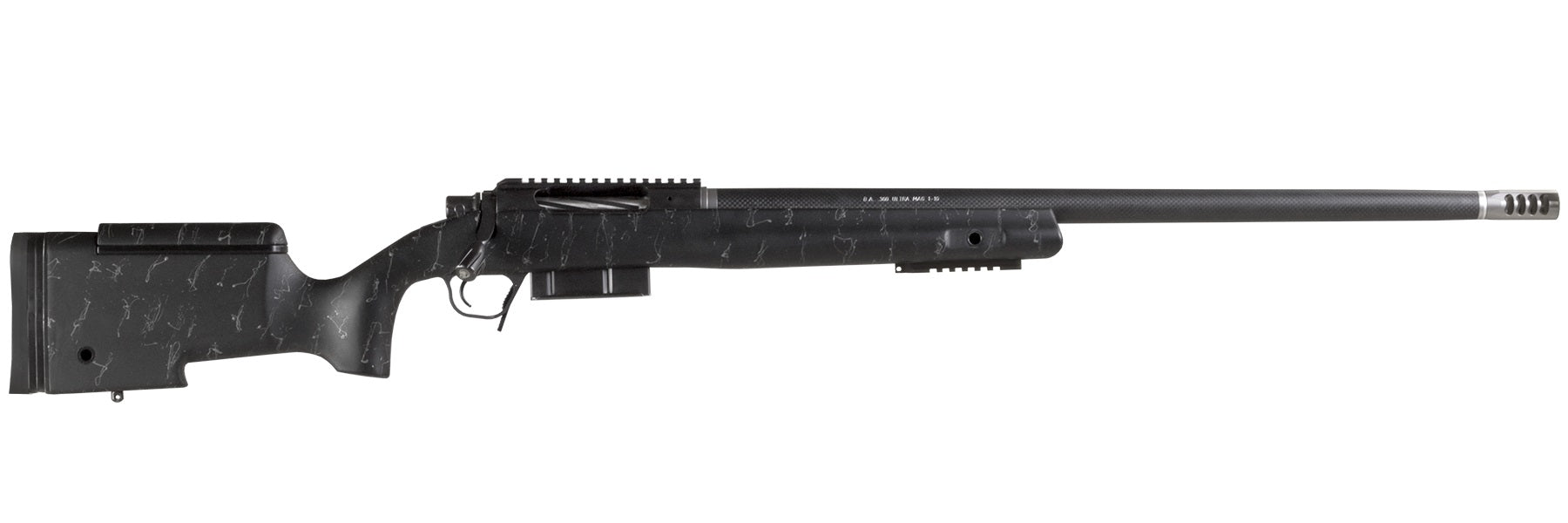 Christensen Arms BA Tactical Long Range .338 Lapua Mag 3+1 27in Carbon Fiber Barrel Rifle, Black Nitride Finish, Black/Gray Webbing Stock