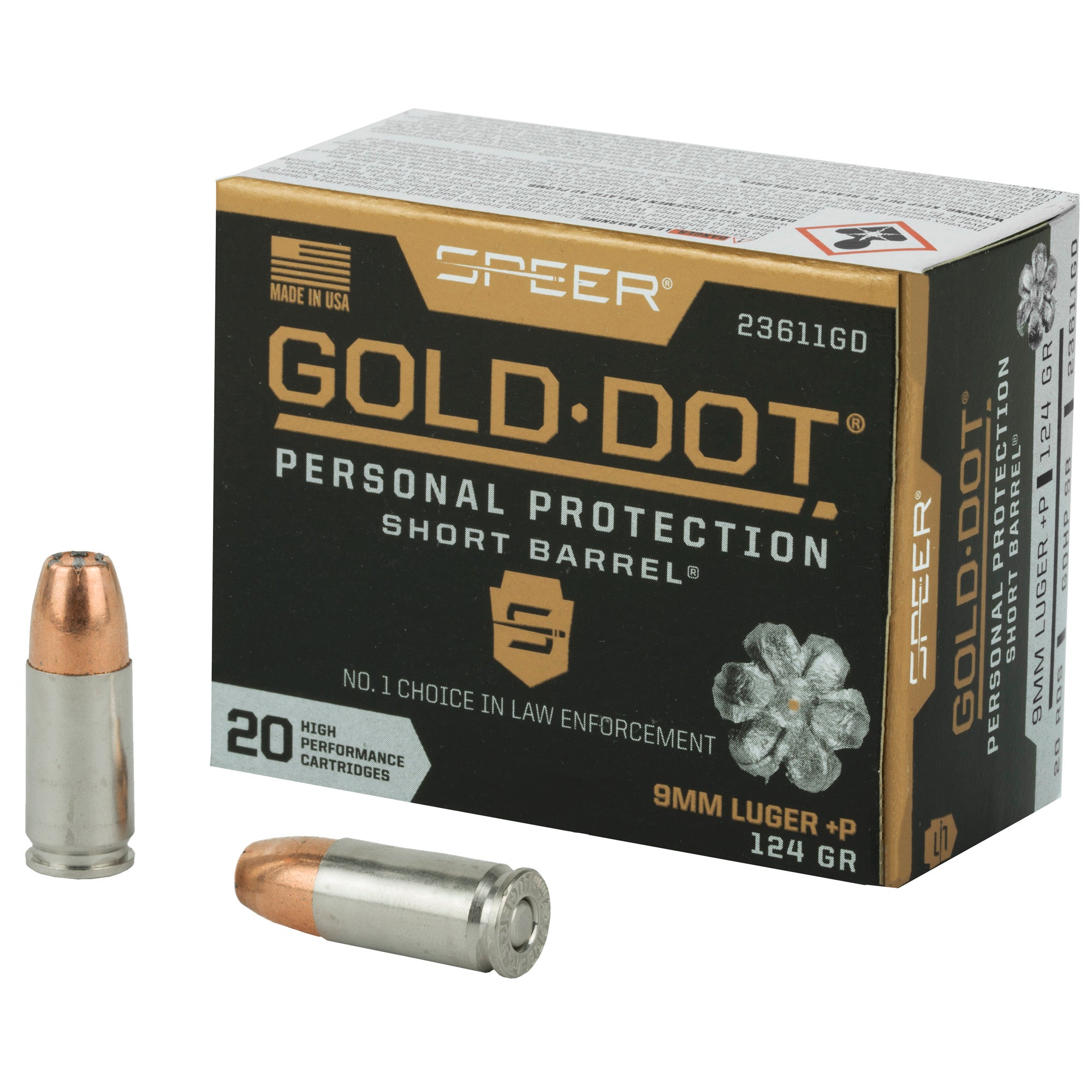 Speer 9mm Luger/Parabellum 23611GD Gold Dot +P Personal Protection Short Barrel Hollow Point HP 124 Grain