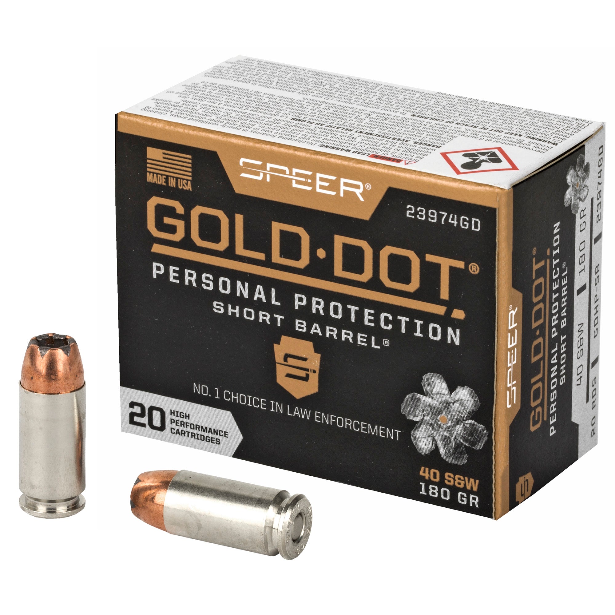 Speer .40 S&W 23974GD Gold Dot Personal Protection Short Barrel Hollow Point HP 180 Grain
