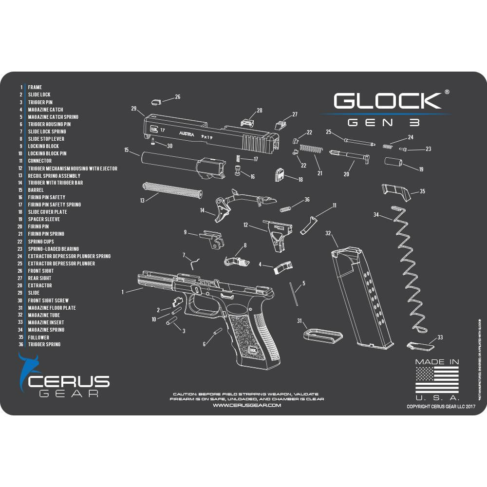 Cerus Gear Glock Gen 3 Schematic 12"x17" Padded ProMat Gray