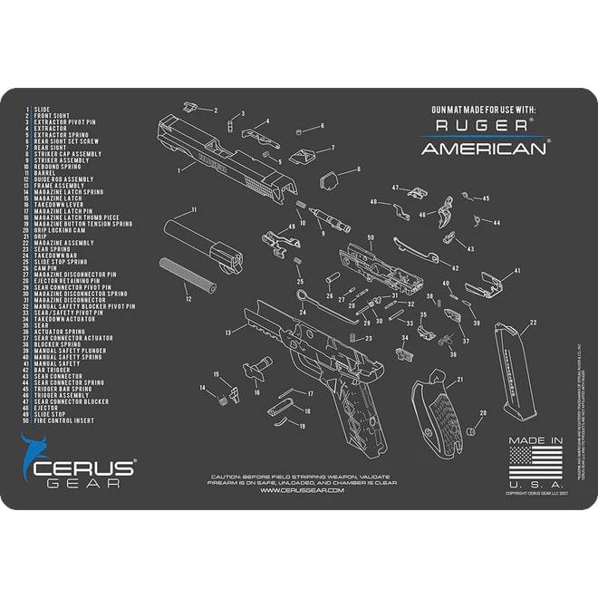Cerus Gear 12x17 Ruger American Pistol Schematic Cleaning Mat - Grey and Blue
