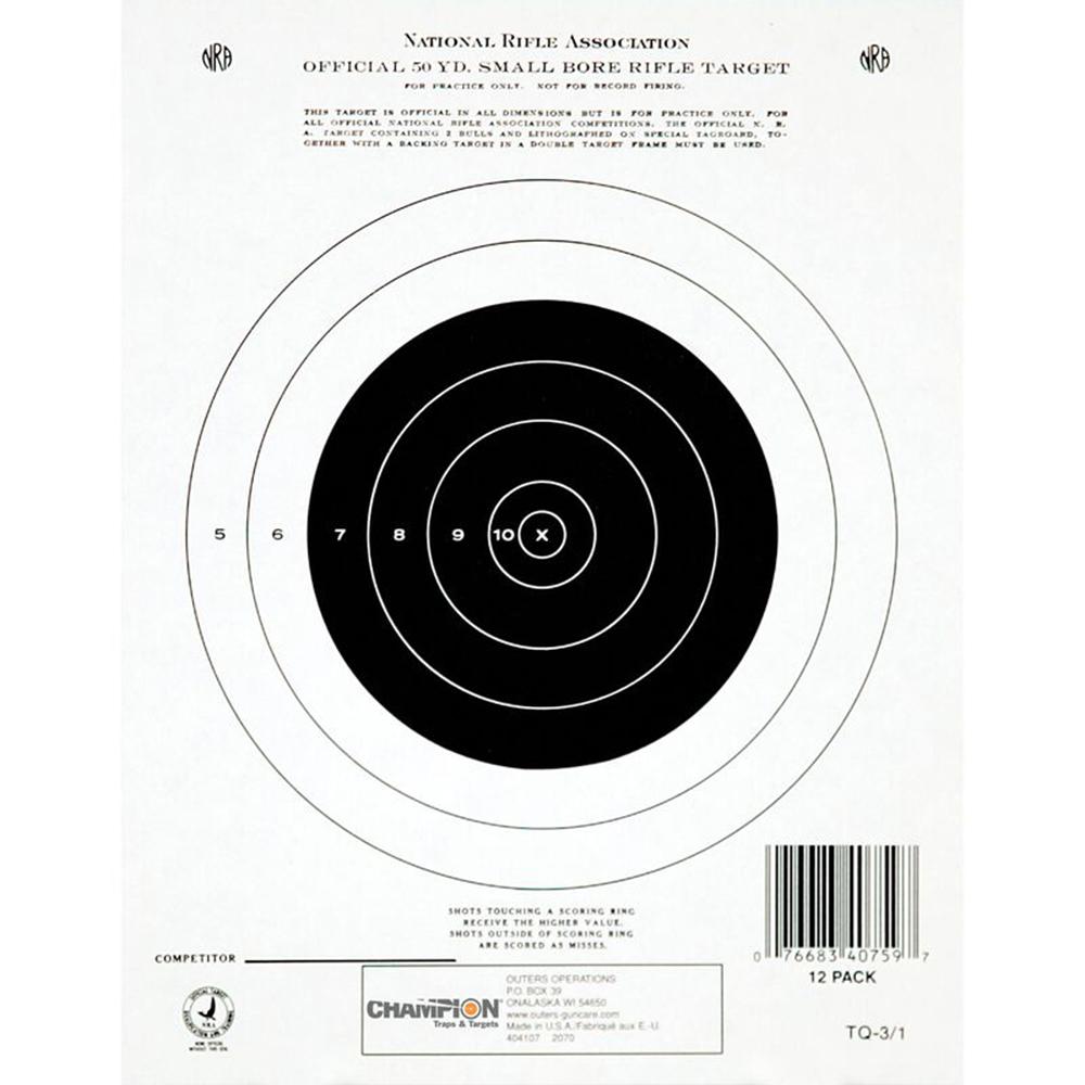 Champion NRA Official Paper Targets GTQ-3/1 50 Yard Small Bore Single Bull 12ct