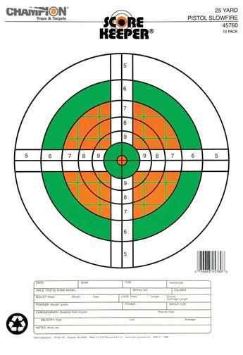 Champion Scorekeeper 25 Yd Pistol Slow Fire Targets Fluorescent Orange and Green Bull 12 Pack