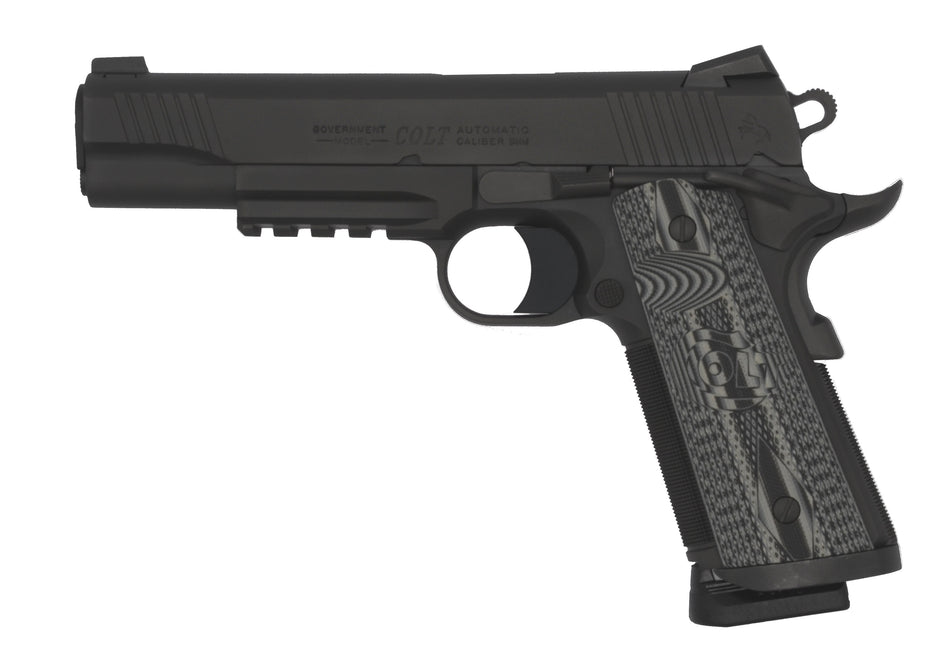 Colt O1082RGCCU CCU Rail Government 9mm Luger 9+1 5" National Match Barrel, Matte Black DLC Serrated Stainless Steel Slide & Frame w/Picatinny Rail, Black Scalloped G10 Grip, Ambidextrous