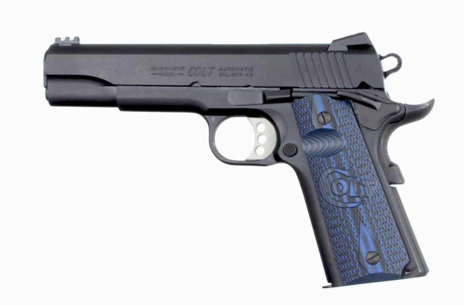 Colt O1970CCS Competition Government .45 ACP 8+1 5-Inch Stainless Barrel Pistol, Blued Slide & Frame, Scalloped G10 Grips