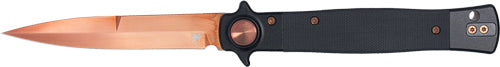CobraTec Stiletto Button Lock Knife 4" Rose Gold Blade Black G-10 Handle