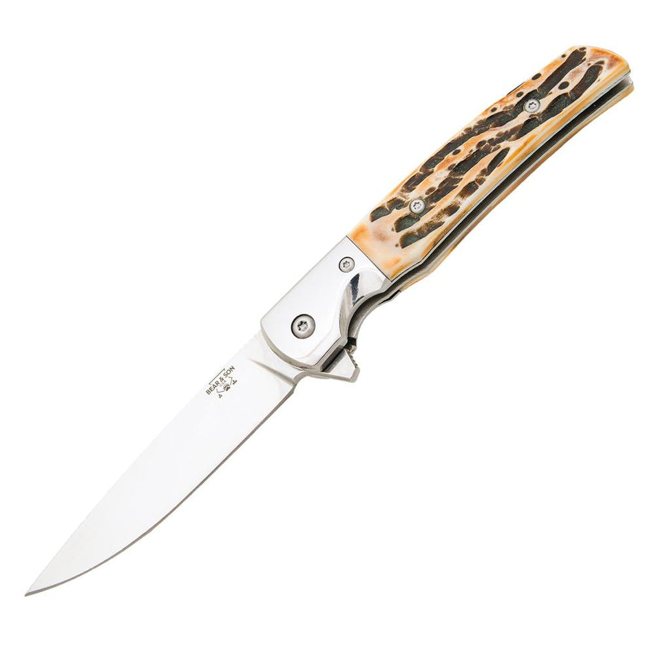 Bear & Son Rancher Sideliner 3-3/8" Drop Point Folding Knife with Genuine India Stag Bone