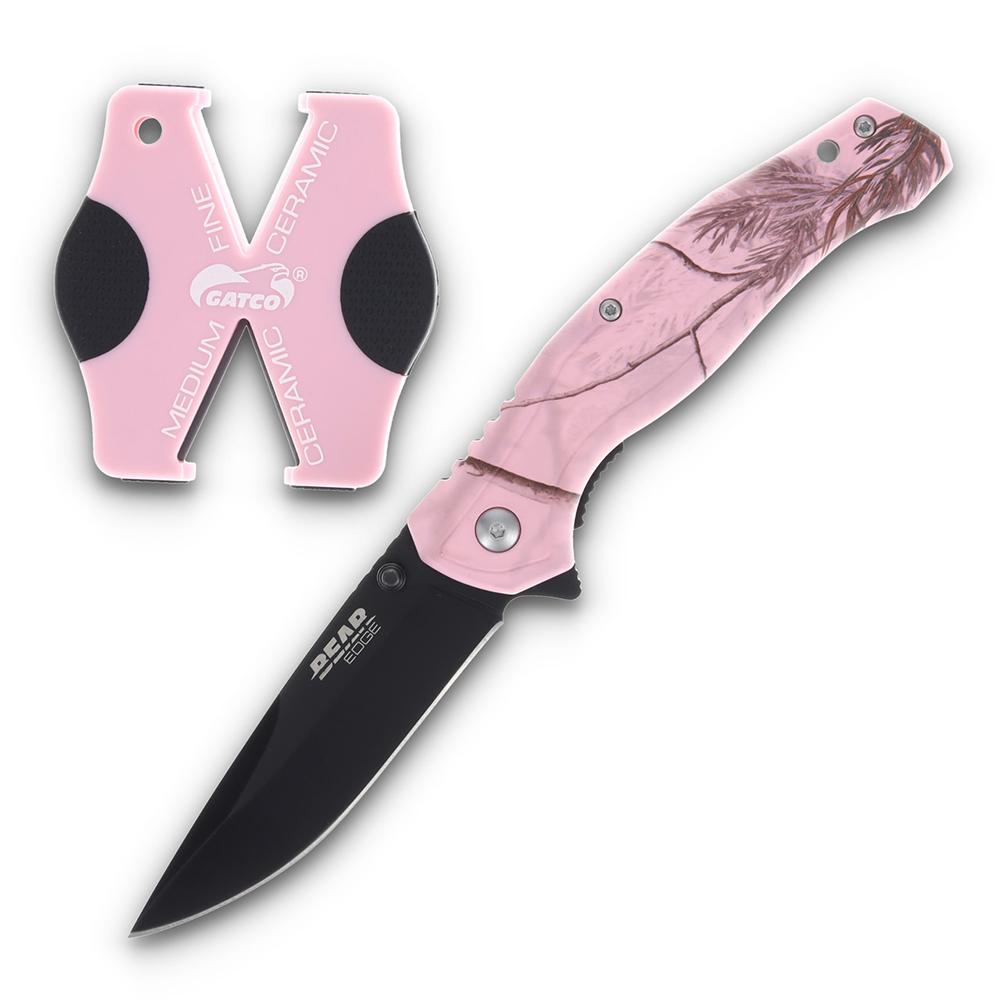 Bear & Son Brisk 2.0 Folding Knife with Sharpener Drop Point Blade Pink Camo