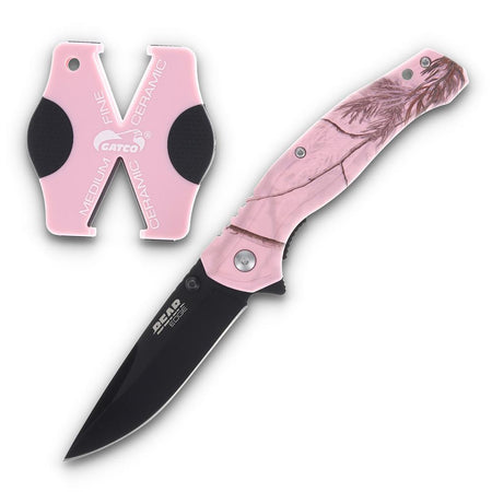 Bear & Son Brisk 2.0 Folding Knife with Sharpener Drop Point Blade Pink Camo