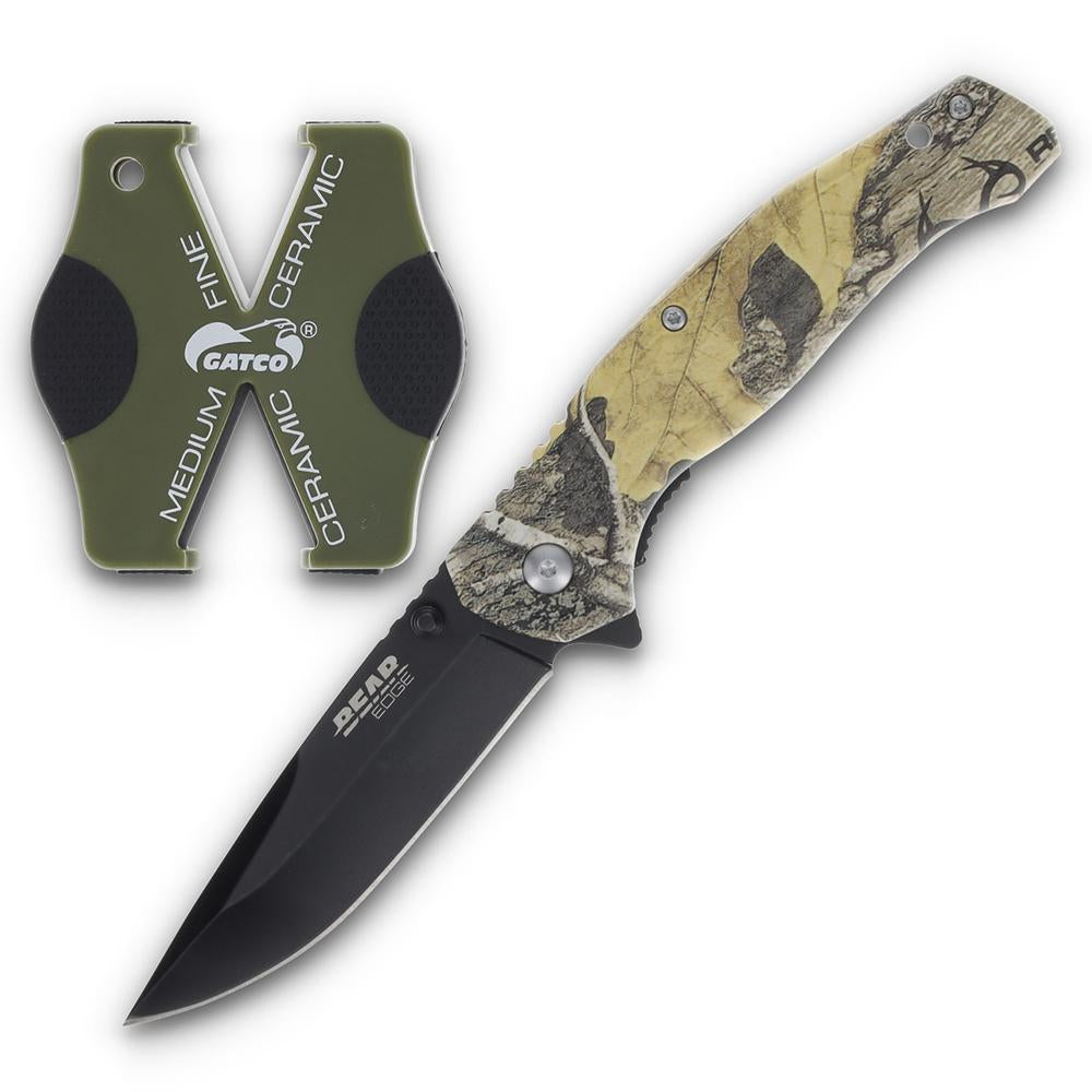 Bear & Son Brisk 2.0 Folding Knife and Sharpener Combo Drop Point Blade Brown Camo