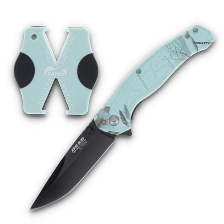 Bear & Son Brisk 2.0 Folding Knife with Sharpener Drop Point Blade Teal Camo