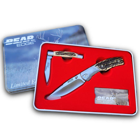 Bear & Son Gift Tin Two-Piece Folding Knife Set Stag Delrin 440 Stainless Steel