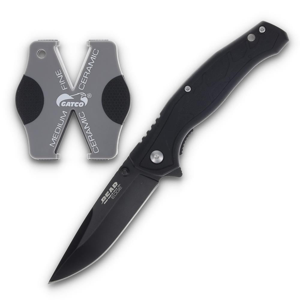 Bear & Son Brisk 2.0 Folding Knife and Sharpener Combo Drop Point Blade Black Handle