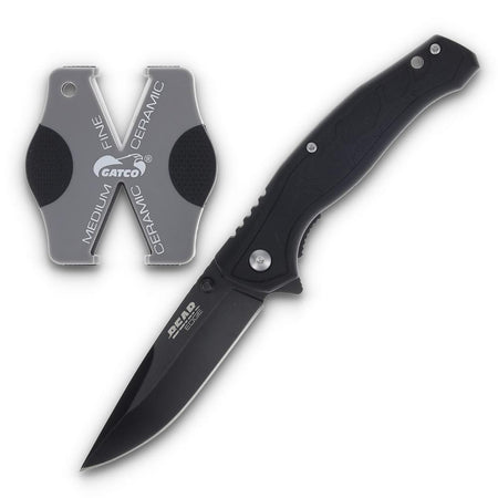 Bear & Son Brisk 2.0 Folding Knife and Sharpener Combo Drop Point Blade Black Handle