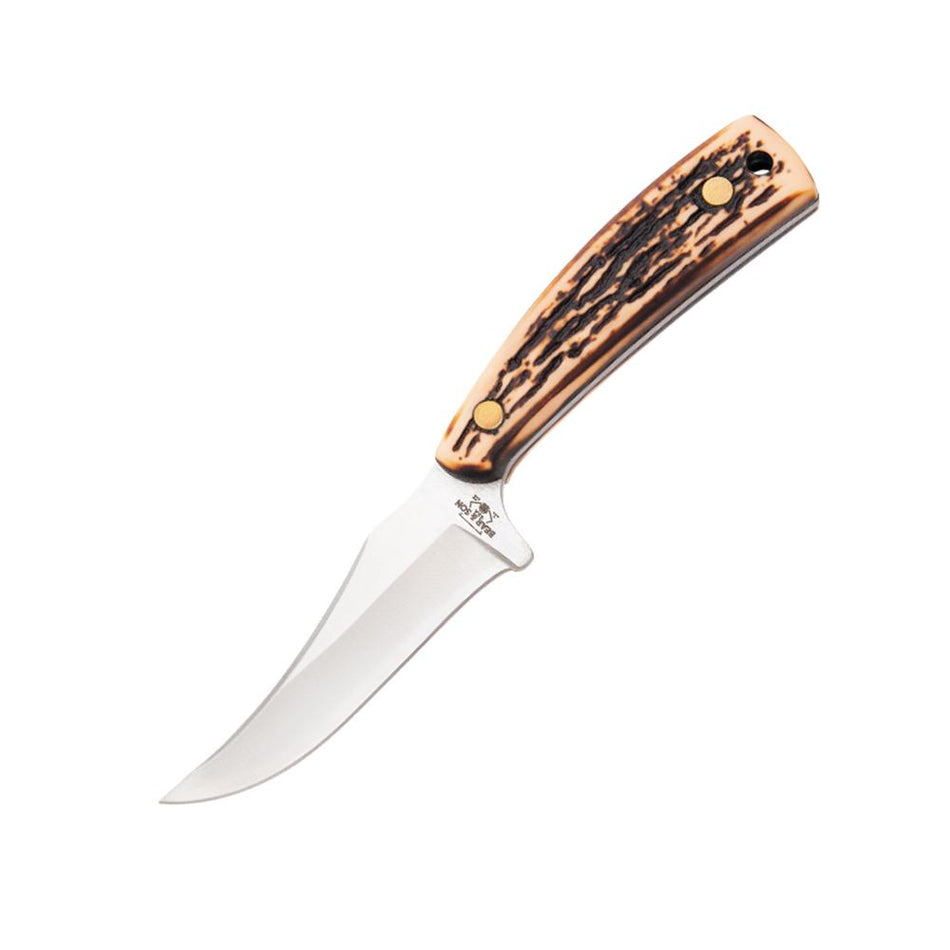 Bear & Son Upswept Skinner Fixed Knife 3-1/8" Clip Point Blade Stag Delrin Handle & Leather Sheath