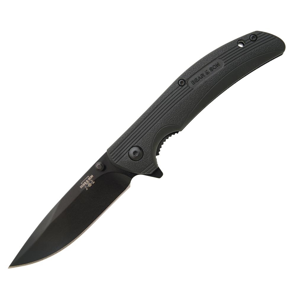 Bear & Son Sideliner Flipper Folding Knife 3.75" Drop Point Black Zytel
