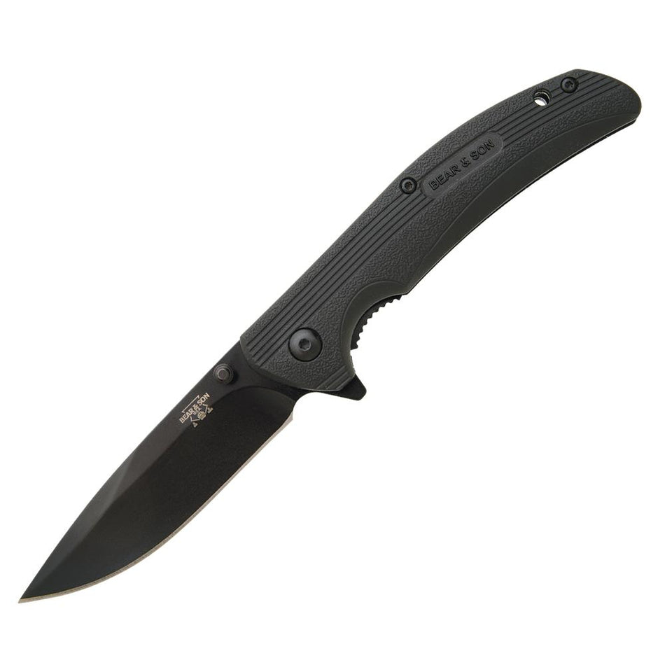 Bear & Son Sideliner Flipper Folding Knife 3.75" Drop Point Black Zytel