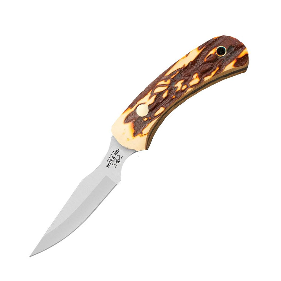 Bear & Son SD42 Ergonomic Caper Fixed Knife 2.5" Clip Point Blade Stag Delrin Leather Sheath