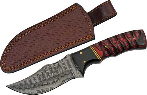 Rite Edge 4" Damascus Knife Buffalo Horn and Twisted Wood Handle with Sheath