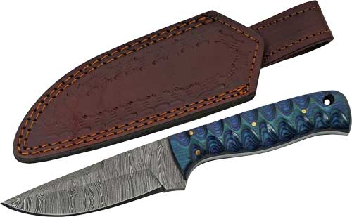 Rite Edge 4" Damascus Hunter Knife Blue Twisted Wood Handle with Sheath