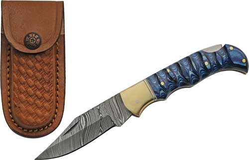 SZCO Rite Edge Damascus Lockback 3" Blue Grooved Wood Handle Knife with Sheath