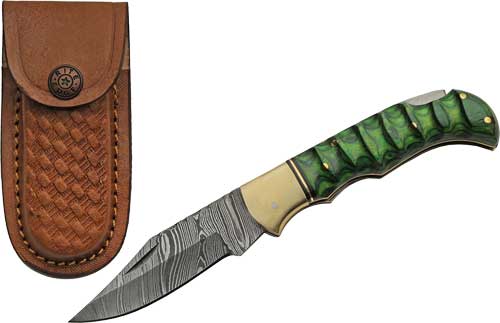 SZCO Rite Edge Damascus Lockback 3" Green Grooved Wood Handle Knife