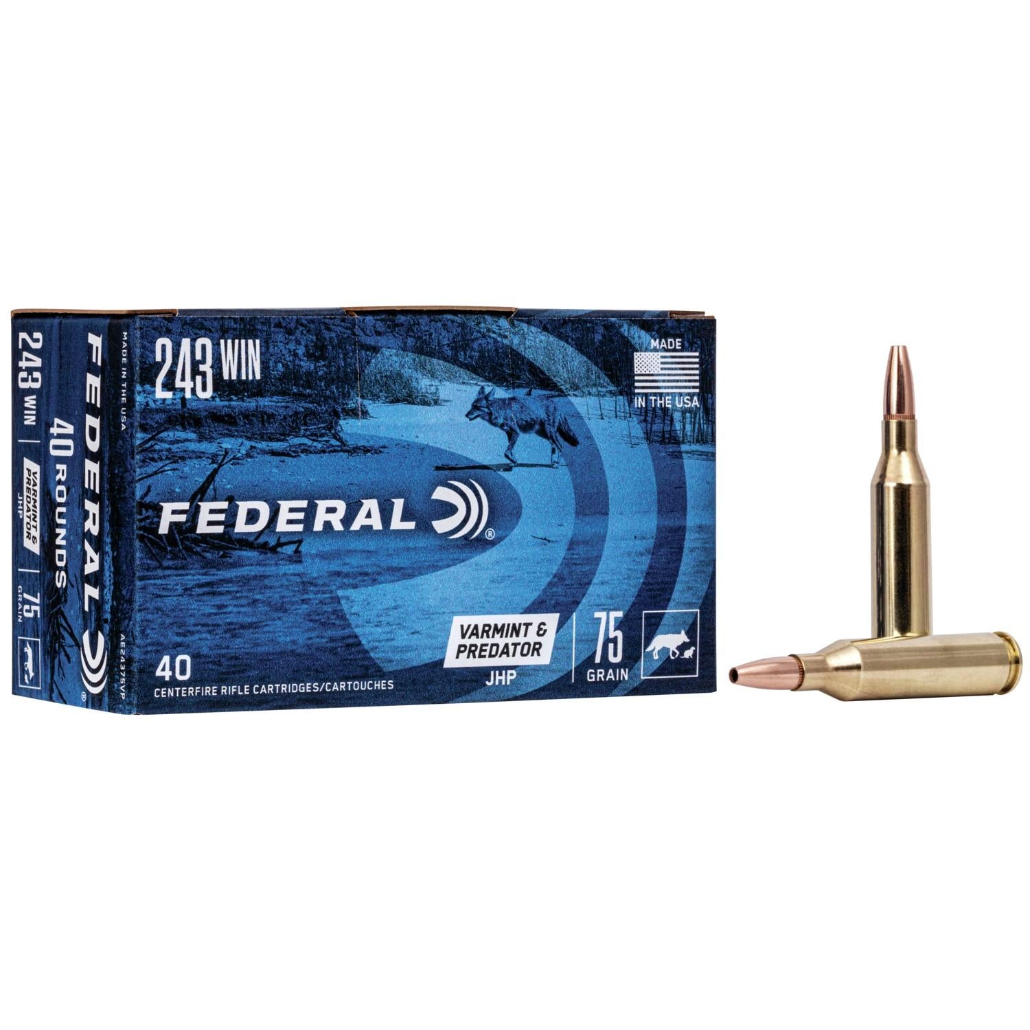 American Eagle .243 Winchester AE24375VP Varmint & Predator Jacketed Hollow Point JHP 75 Grain