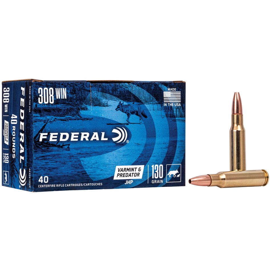 Federal .308 Win / 7.62x51mm Rifle Ammo American Eagle Varmint & Predator Jacketed Hollow Point JHP 130 grain 