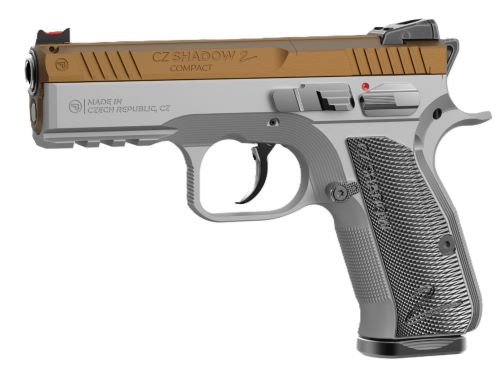 CZ Shadow 2 Compact OR 9mm Pistol, Fixed Sights, 4" Barrel, 15-Round Magazine, Gold/Silver Grips