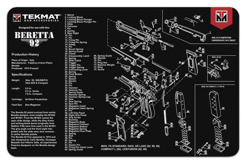TekMat Beretta 92 Printed Gun Cleaning Mat 11x17
