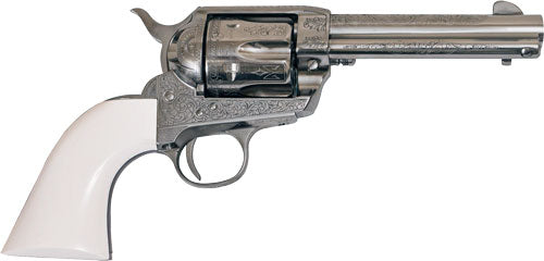 Cimarron Frontier .45 LC Single Action Revolver, 4.75" Barrel, Engraved Nickel Finish, Ivory Grips