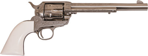 Cimarron Frontier .45 LC Single Action Revolver, 7.5" Barrel, Engraved Nickel Finish, Ivory Grips