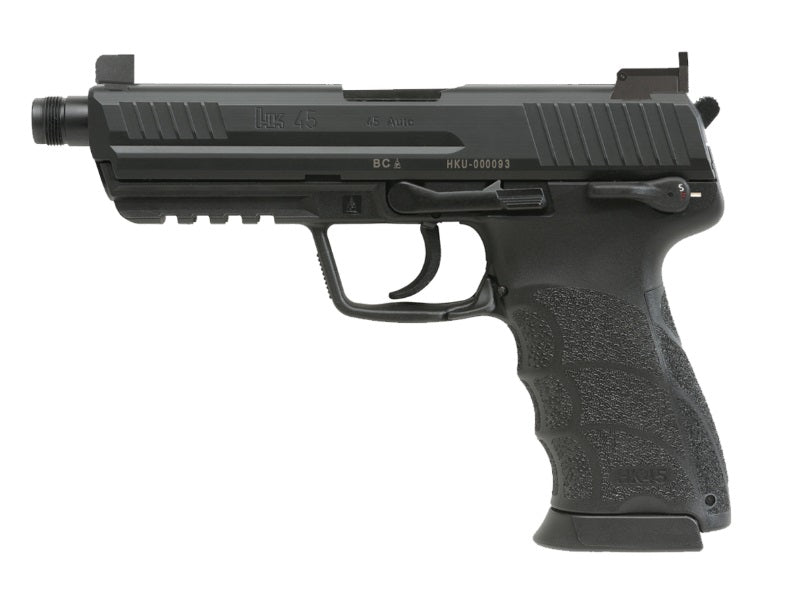 HK 81001117 HK45 V1 .45 ACP 10+1 4.46" Black Threaded Barrel, Black Cerakote Serrated Steel Slide, Black Polymer Frame w/Picatinny Rail, Ambidextrous