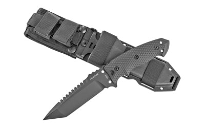 Hogue EX-F01 Fixed Blade, 5.5 Inch A2 Tool Steel Tanto with Broad Saw Teeth, Black Cerakote Finish, G10 Scales 35129