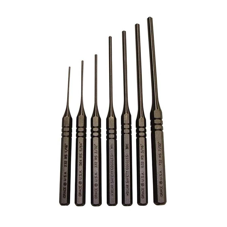 Grace USA 7pc Hardened Steel Roll Pin Punch Set with Balled Tips